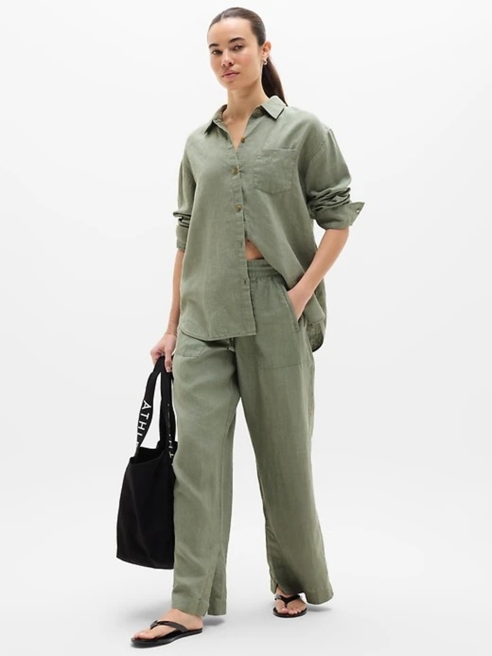 Athleta Retreat Linen Wide Leg Pants - Cacti Sz M